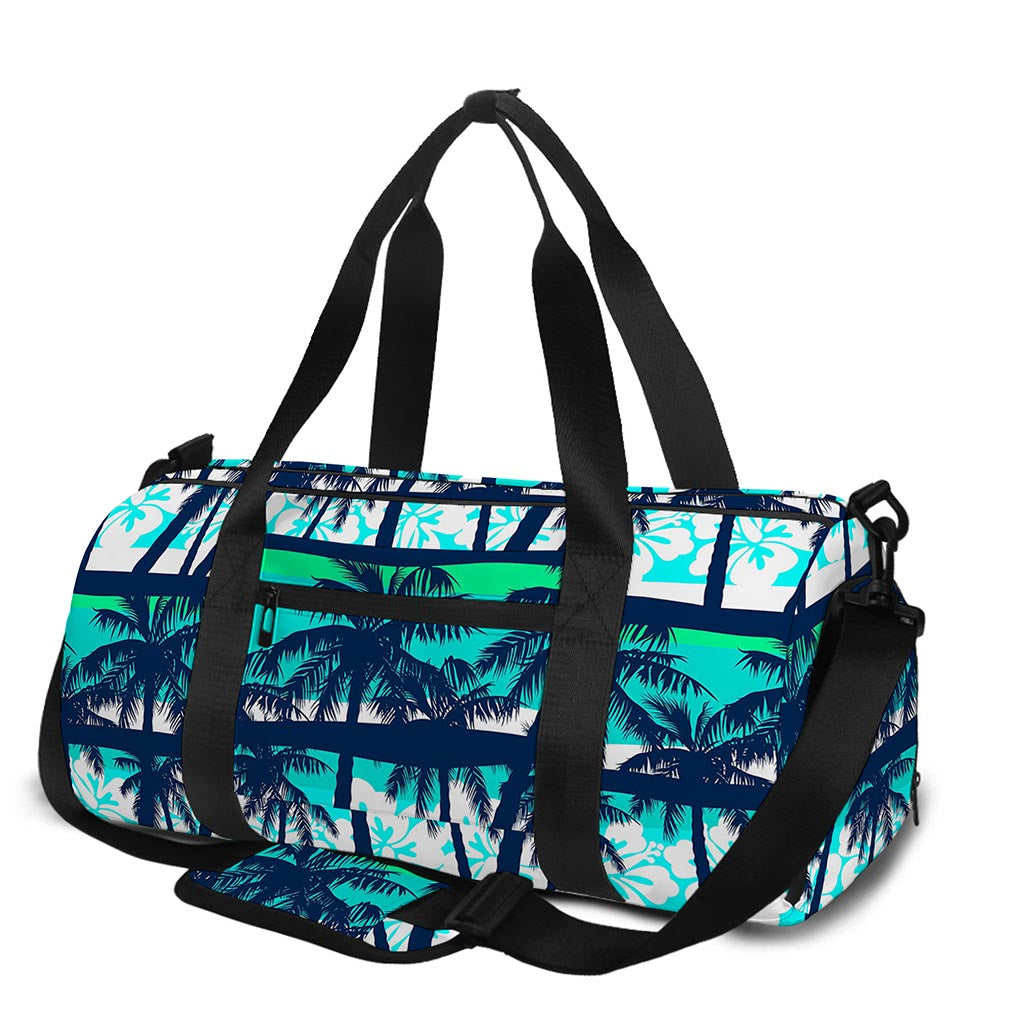 Blue Hibiscus Palm Tree Pattern Print Gym Bag
