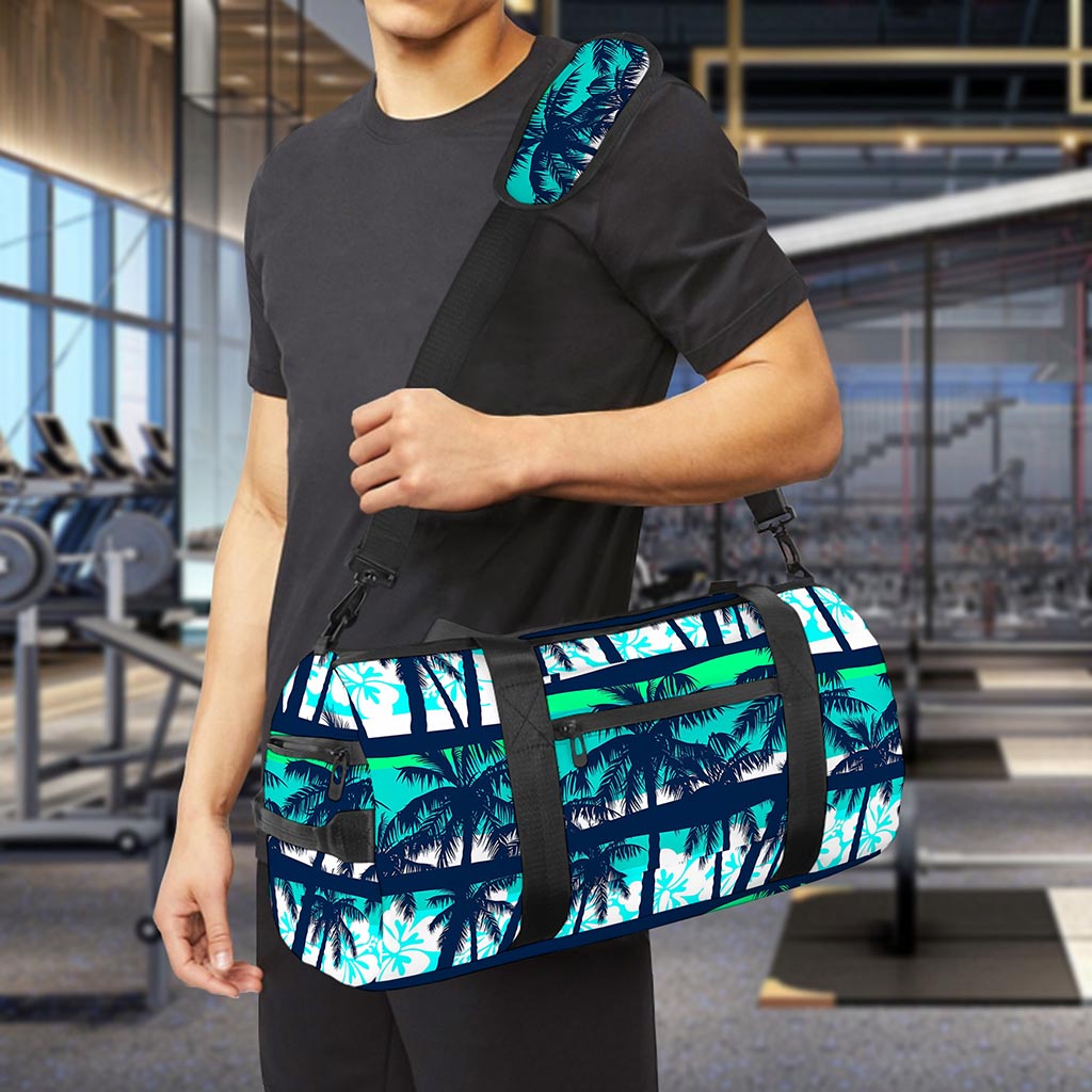 Blue Hibiscus Palm Tree Pattern Print Gym Bag