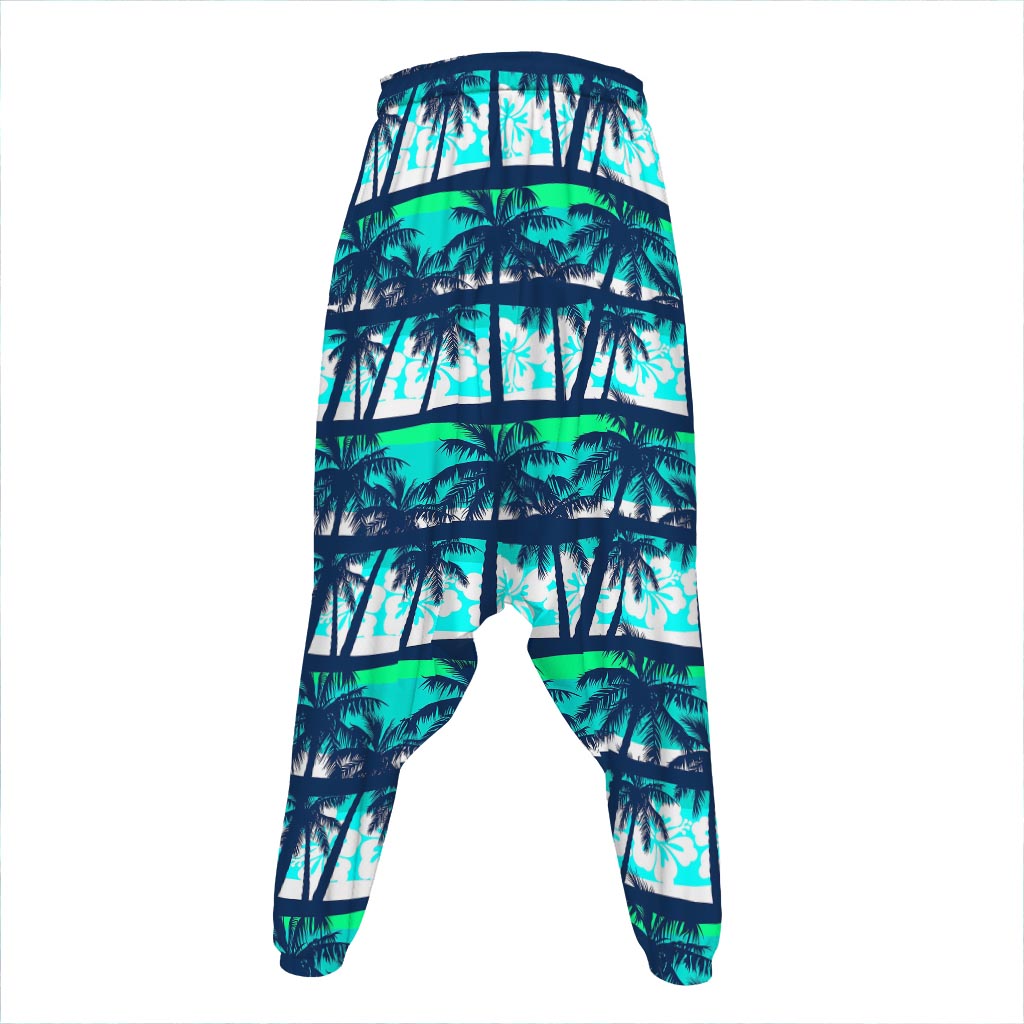 Blue Hibiscus Palm Tree Pattern Print Hammer Pants
