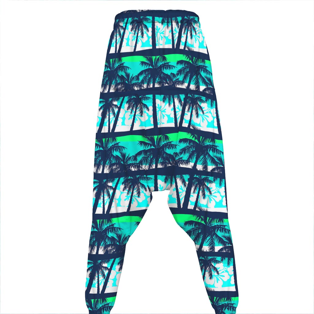 Blue Hibiscus Palm Tree Pattern Print Hammer Pants