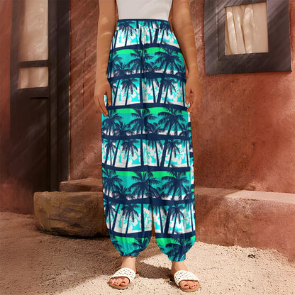 Blue Hibiscus Palm Tree Pattern Print Harem Pants