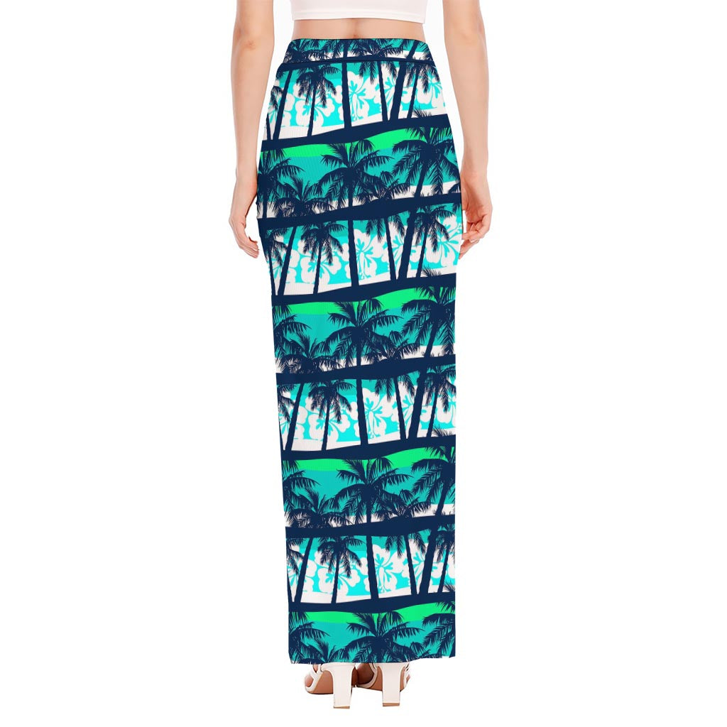Blue Hibiscus Palm Tree Pattern Print High Slit Maxi Skirt