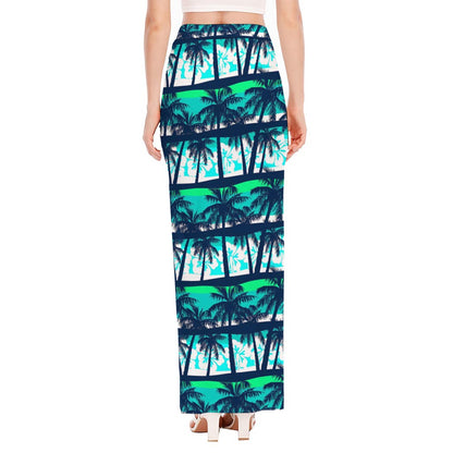 Blue Hibiscus Palm Tree Pattern Print High Slit Maxi Skirt