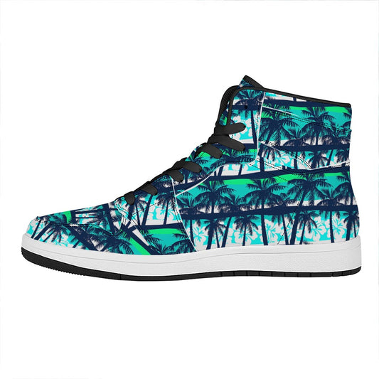 Blue Hibiscus Palm Tree Pattern Print High Top Leather Sneakers
