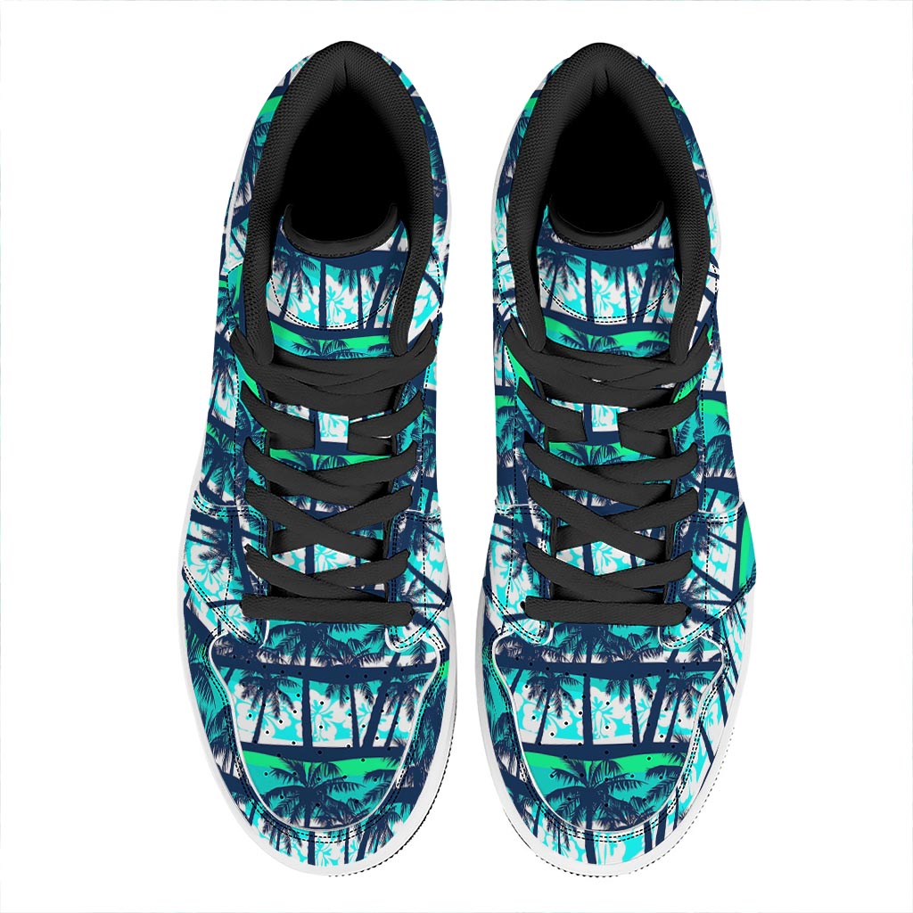 Blue Hibiscus Palm Tree Pattern Print High Top Leather Sneakers