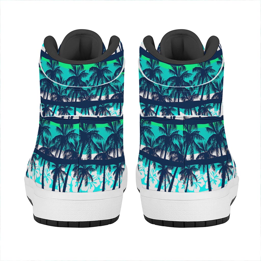 Blue Hibiscus Palm Tree Pattern Print High Top Leather Sneakers