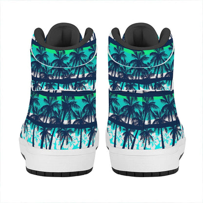 Blue Hibiscus Palm Tree Pattern Print High Top Leather Sneakers