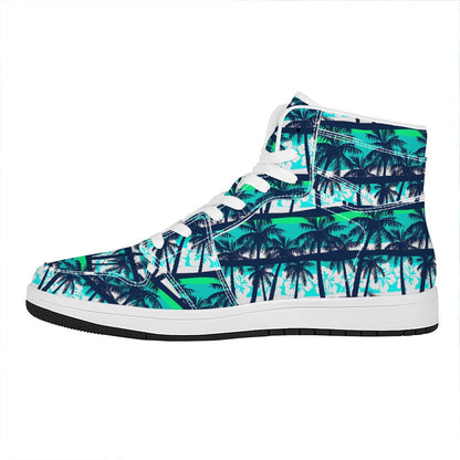 Blue Hibiscus Palm Tree Pattern Print High Top Leather Sneakers