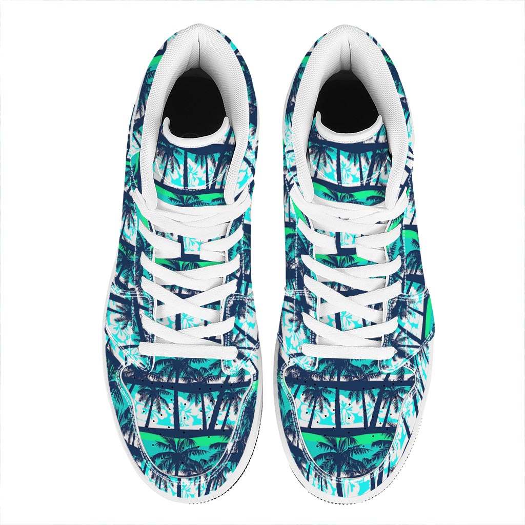Blue Hibiscus Palm Tree Pattern Print High Top Leather Sneakers