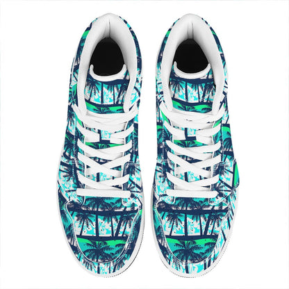 Blue Hibiscus Palm Tree Pattern Print High Top Leather Sneakers