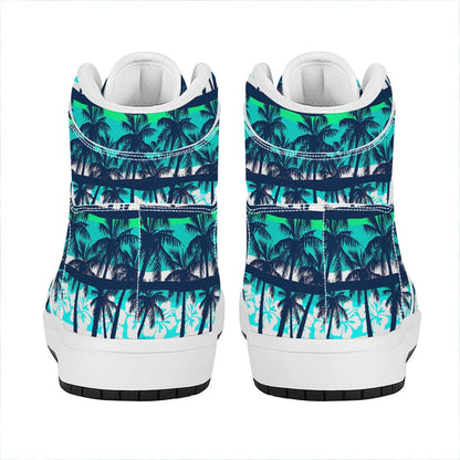 Blue Hibiscus Palm Tree Pattern Print High Top Leather Sneakers