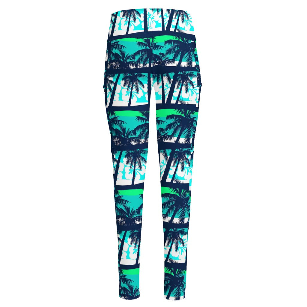 Blue Hibiscus Palm Tree Pattern Print High-Waisted Pocket Leggings