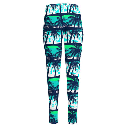 Blue Hibiscus Palm Tree Pattern Print High-Waisted Pocket Leggings