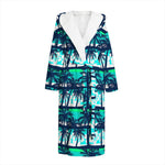 Blue Hibiscus Palm Tree Pattern Print Hooded Bathrobe