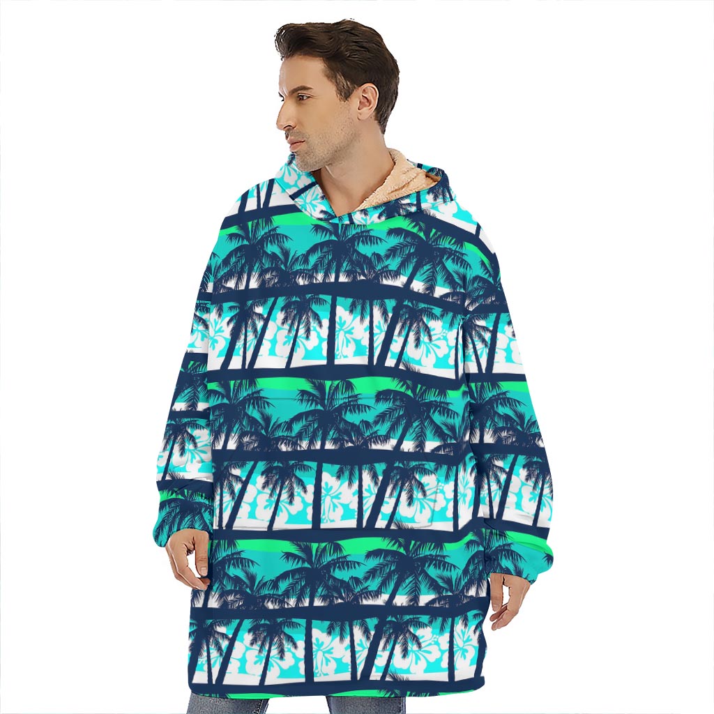 Blue Hibiscus Palm Tree Pattern Print Hoodie Blanket