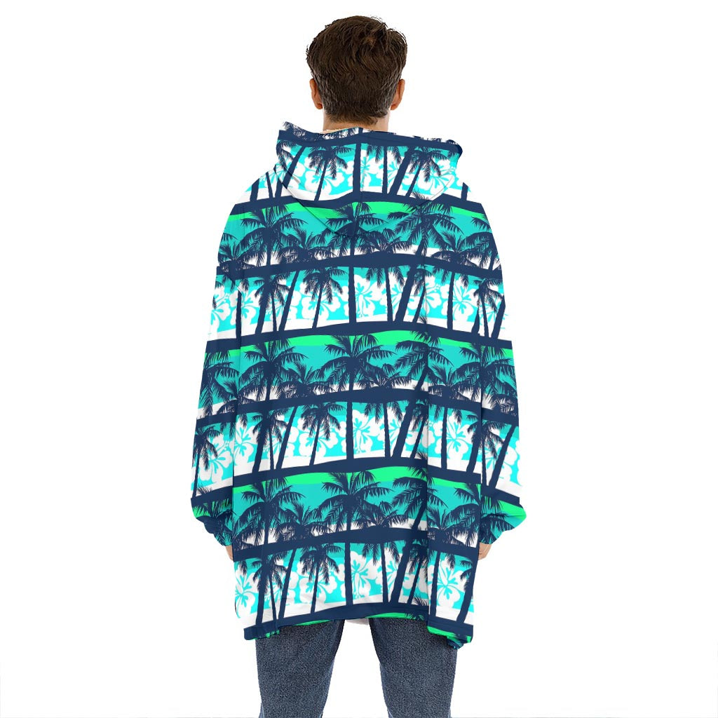 Blue Hibiscus Palm Tree Pattern Print Hoodie Blanket