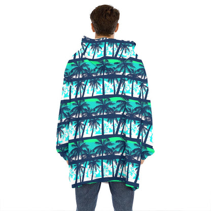 Blue Hibiscus Palm Tree Pattern Print Hoodie Blanket