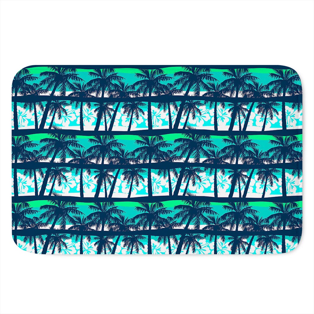 Blue Hibiscus Palm Tree Pattern Print Indoor Door Mat
