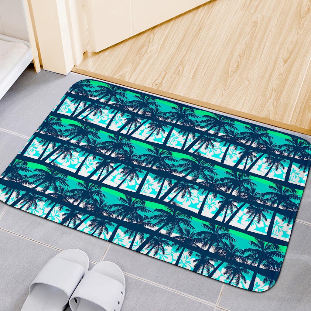 Blue Hibiscus Palm Tree Pattern Print Indoor Door Mat