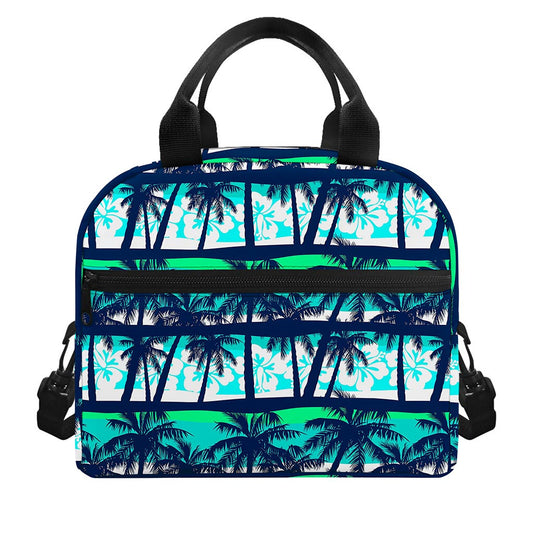 Blue Hibiscus Palm Tree Pattern Print Insulated Lunch Bag