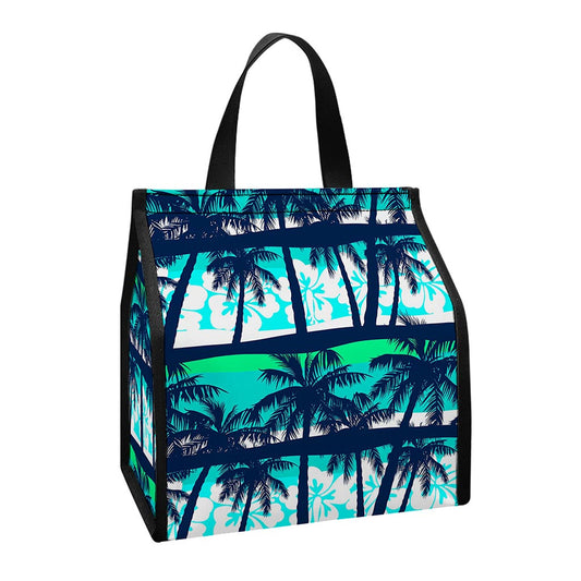 Blue Hibiscus Palm Tree Pattern Print Insulated Lunch Tote