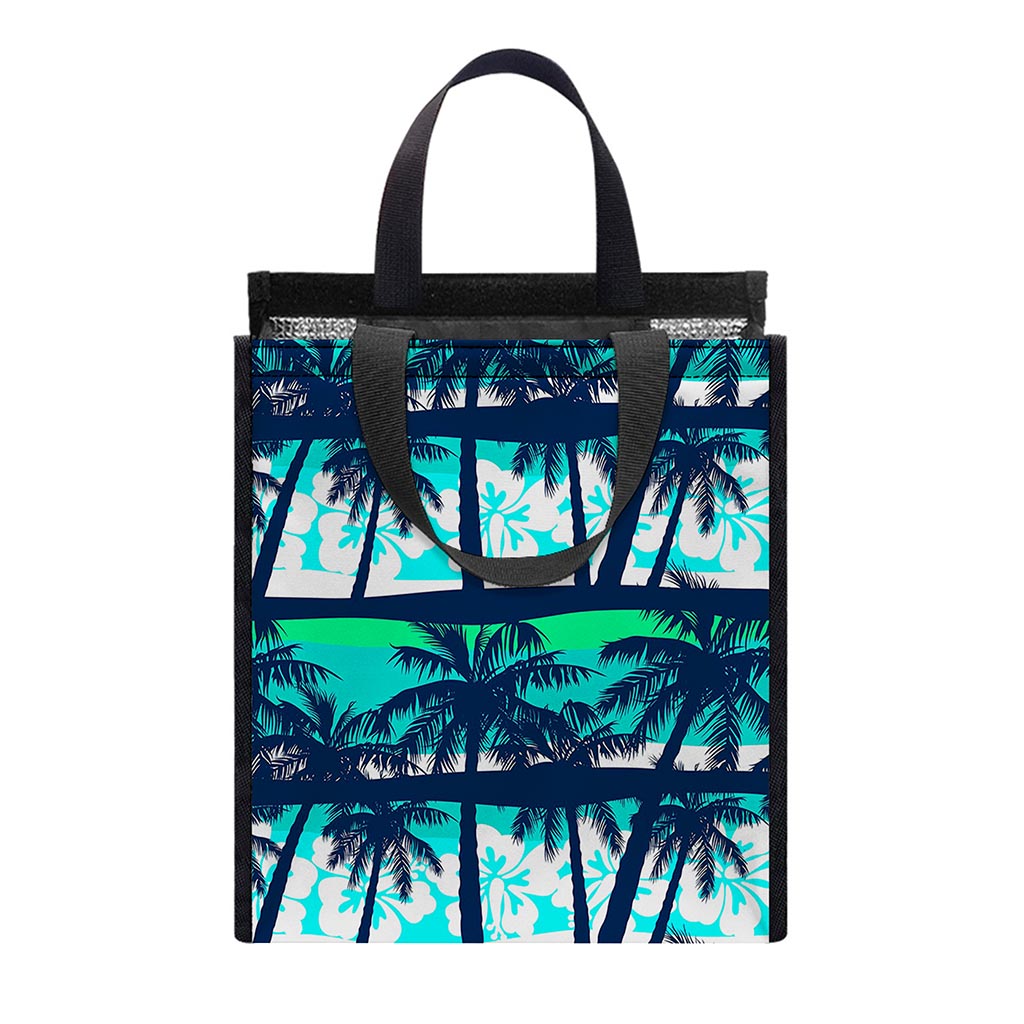 Blue Hibiscus Palm Tree Pattern Print Insulated Lunch Tote