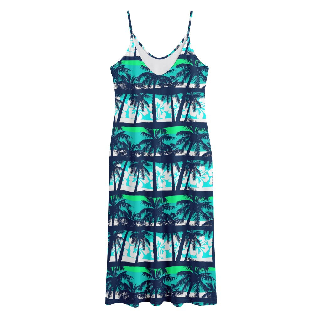 Blue Hibiscus Palm Tree Pattern Print Jersey Midi Cami Dress