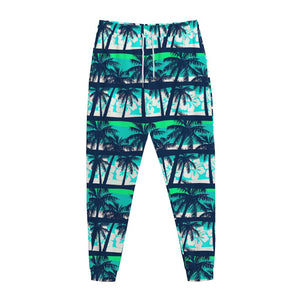 Blue Hibiscus Palm Tree Pattern Print Jogger Pants