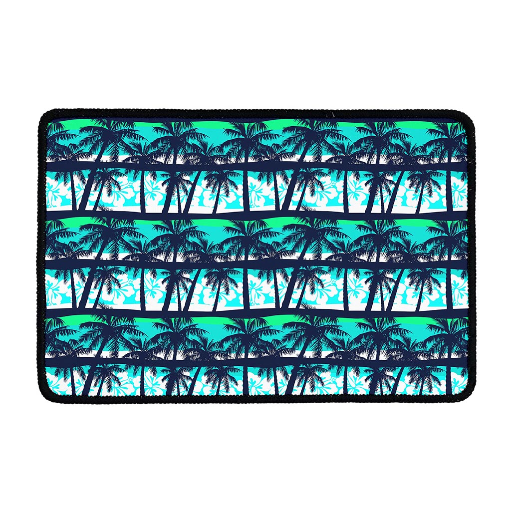 Blue Hibiscus Palm Tree Pattern Print Kitchen Mat