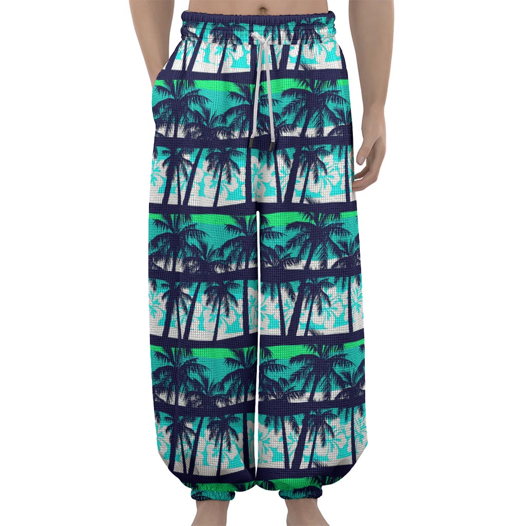 Blue Hibiscus Palm Tree Pattern Print Lantern Pants