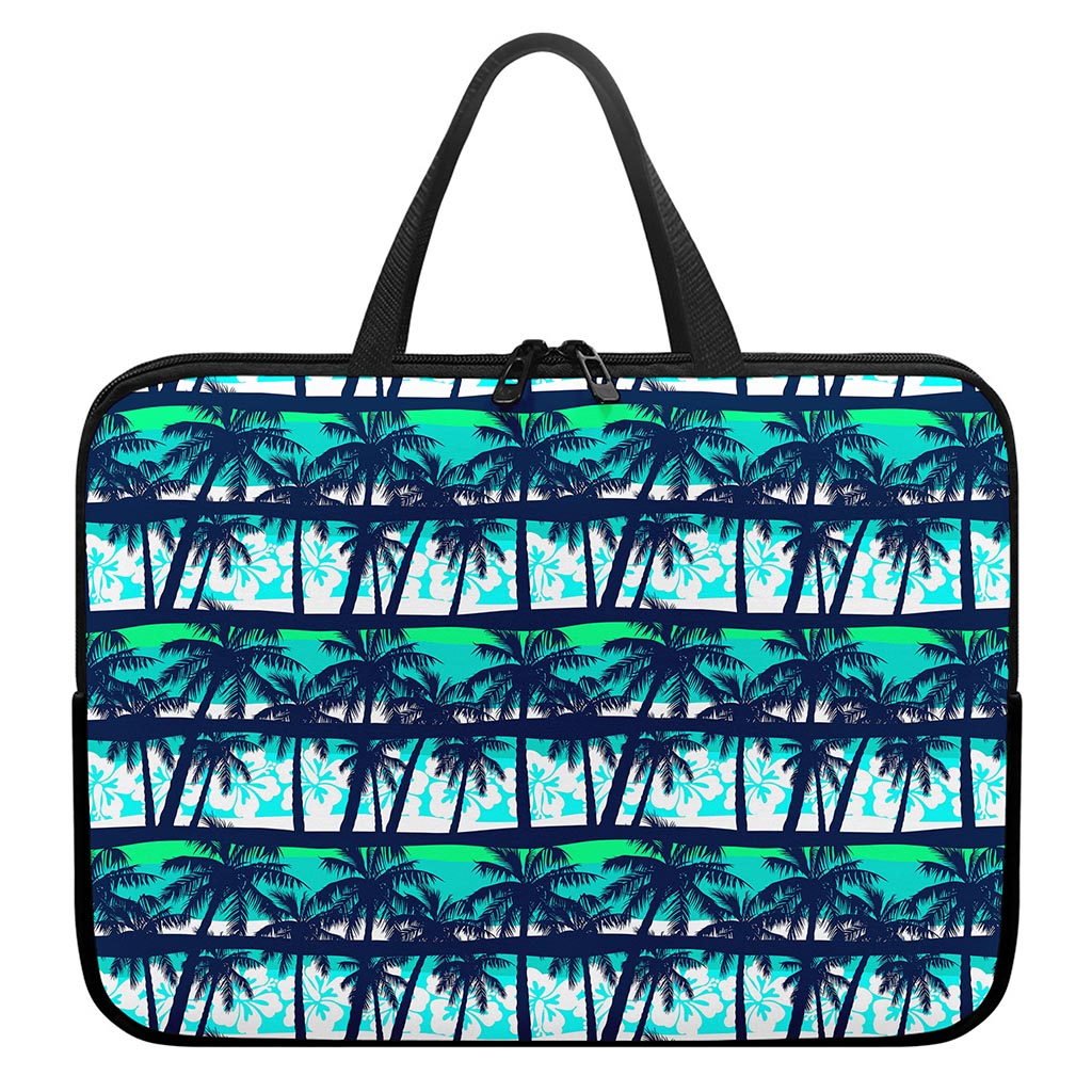 Blue Hibiscus Palm Tree Pattern Print Laptop Sleeve With Handle