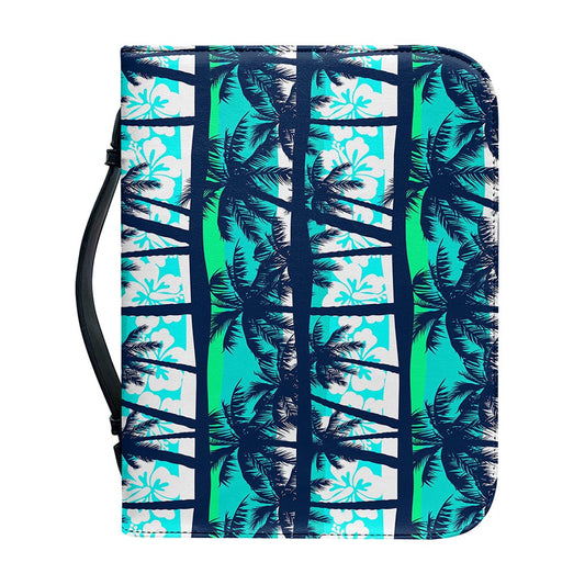 Blue Hibiscus Palm Tree Pattern Print Leather Bible Cover