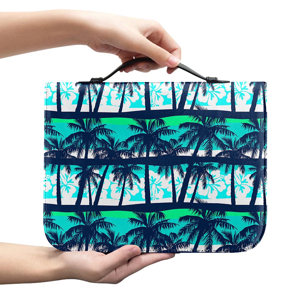 Blue Hibiscus Palm Tree Pattern Print Leather Bible Cover