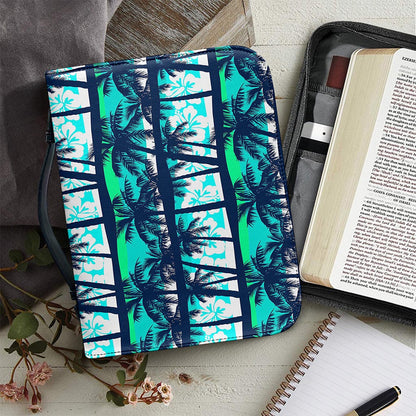 Blue Hibiscus Palm Tree Pattern Print Leather Bible Cover