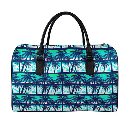 Blue Hibiscus Palm Tree Pattern Print Leather Duffle Bag
