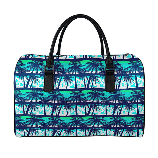 Blue Hibiscus Palm Tree Pattern Print Leather Duffle Bag