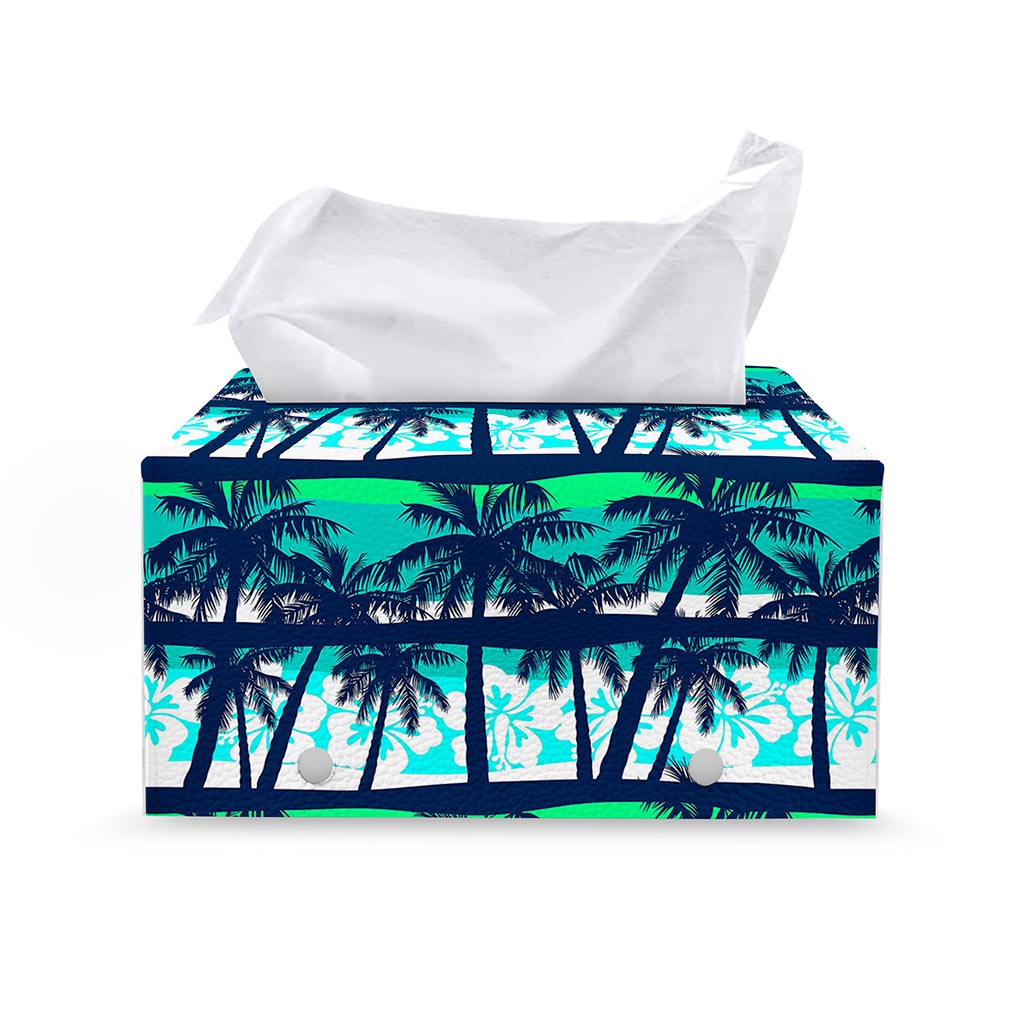 Blue Hibiscus Palm Tree Pattern Print Leather Tissue Box Cover