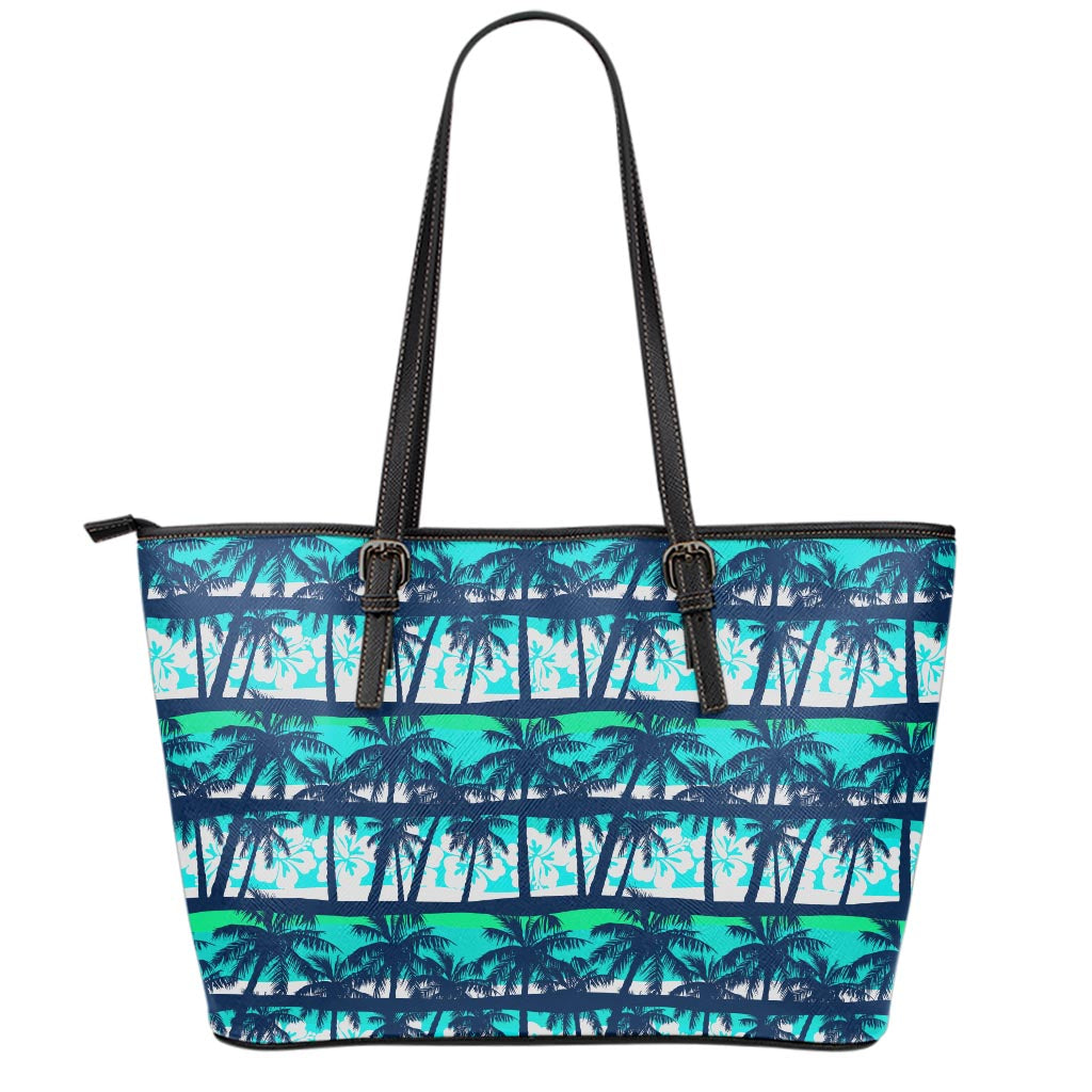 Blue Hibiscus Palm Tree Pattern Print Leather Tote Bag