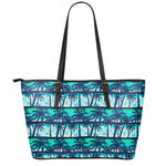 Blue Hibiscus Palm Tree Pattern Print Leather Tote Bag