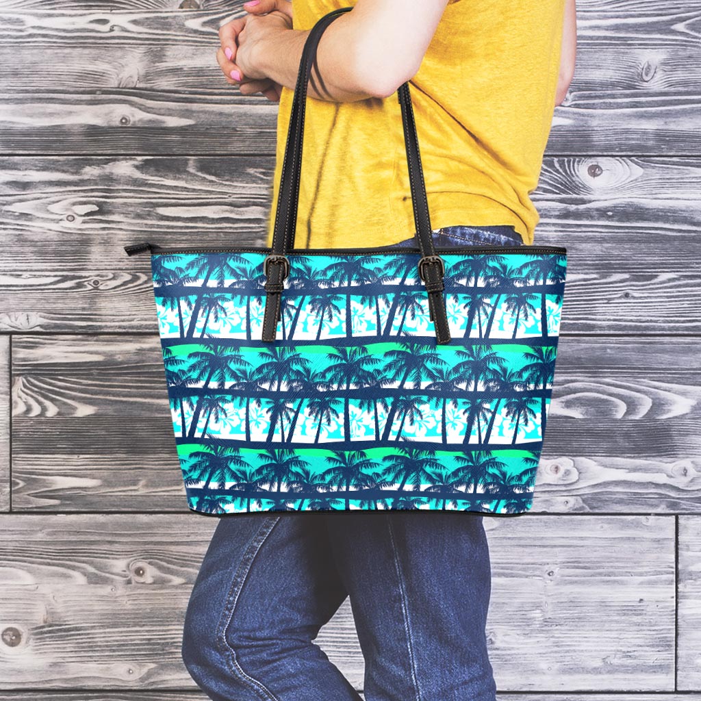 Blue Hibiscus Palm Tree Pattern Print Leather Tote Bag