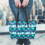 Blue Hibiscus Palm Tree Pattern Print Leather Tote Bag