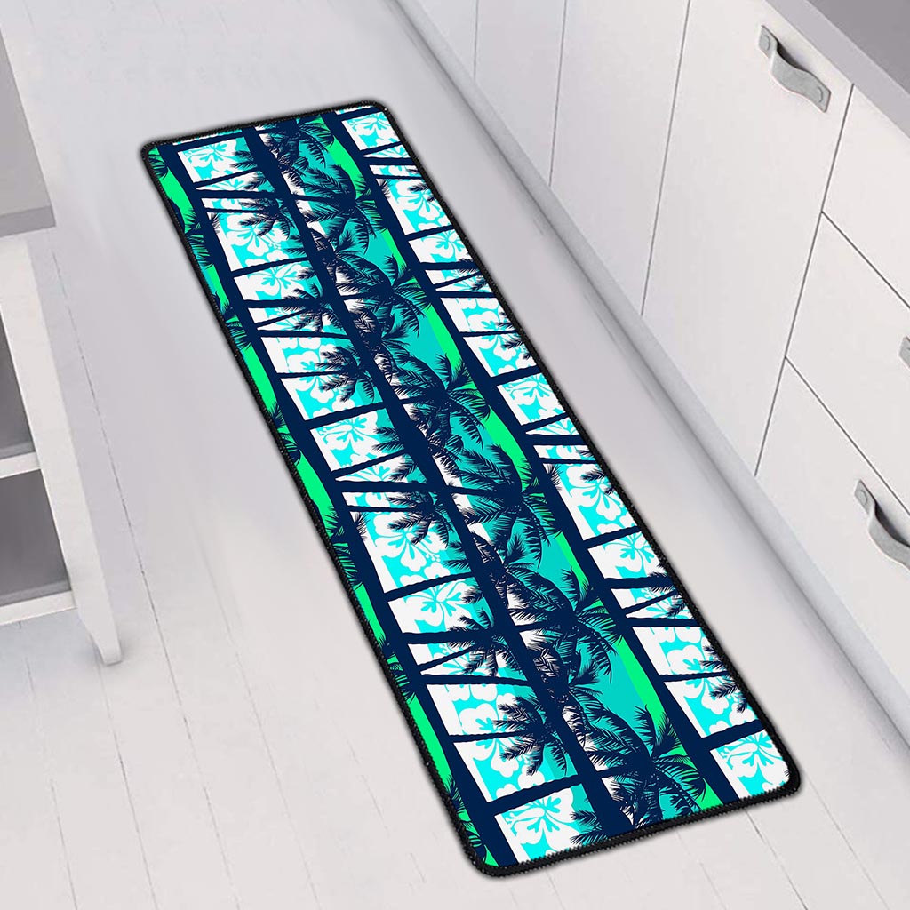 Blue Hibiscus Palm Tree Pattern Print Long Kitchen Mat