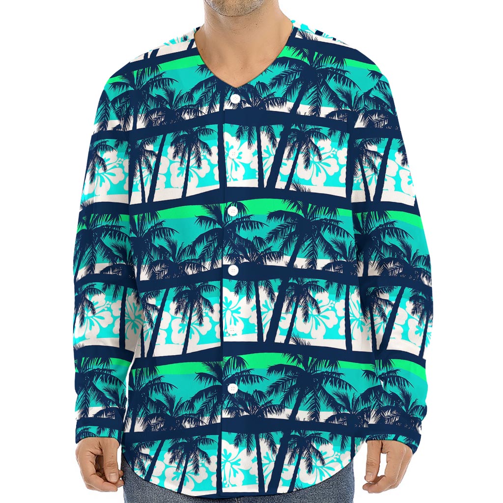 Blue Hibiscus Palm Tree Pattern Print Long Sleeve Baseball Jersey