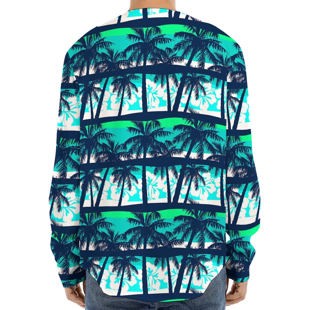 Blue Hibiscus Palm Tree Pattern Print Long Sleeve Baseball Jersey