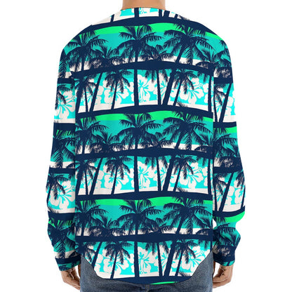 Blue Hibiscus Palm Tree Pattern Print Long Sleeve Baseball Jersey