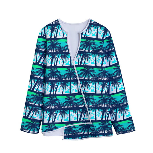 Blue Hibiscus Palm Tree Pattern Print Long Sleeve Short Coat
