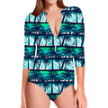 Blue Hibiscus Palm Tree Pattern Print Long Sleeve Swimsuit