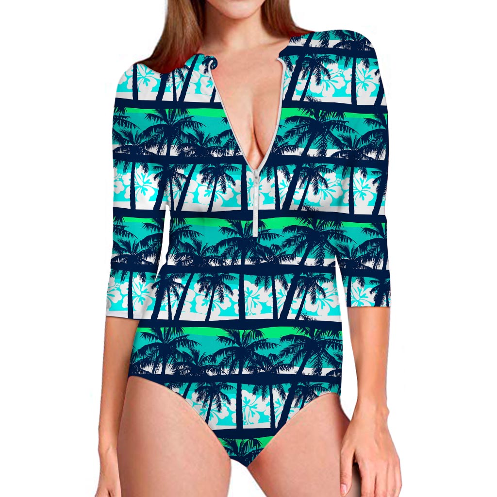 Blue Hibiscus Palm Tree Pattern Print Long Sleeve Swimsuit