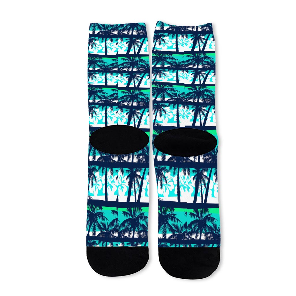 Blue Hibiscus Palm Tree Pattern Print Long Socks