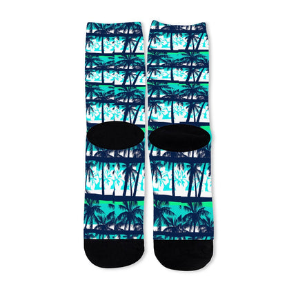 Blue Hibiscus Palm Tree Pattern Print Long Socks
